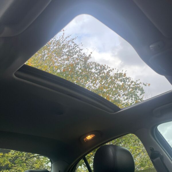 View through a car's open sunroof showing trees and a cloudy sky.